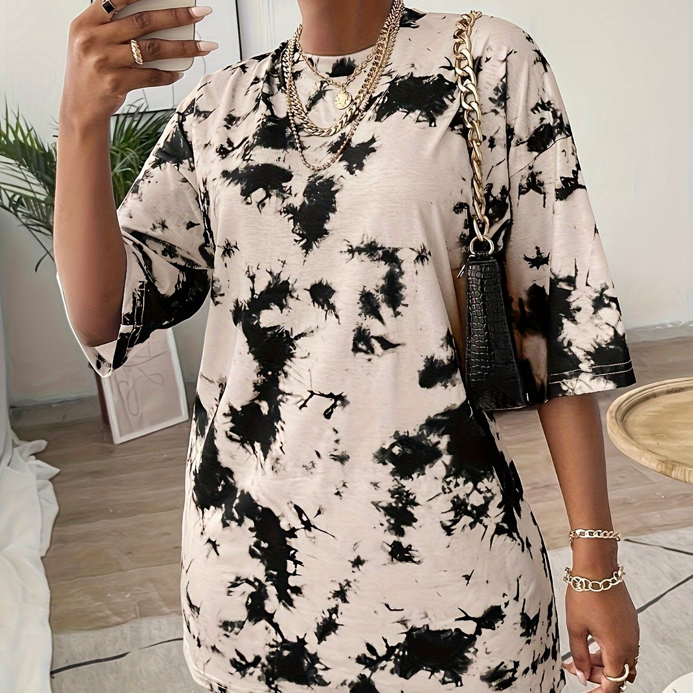 Tie Dye Crew Neck Dress, Versatile Half Sleeve Loose Mini Dress For Spring & Fall, Women's Clothing