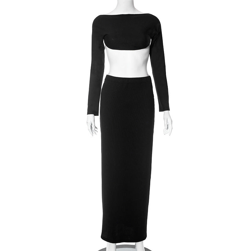 Top invernale casual da donna con maniche lunghe e schiena scoperta, abbinato a gonna slim fit di Valstrend.