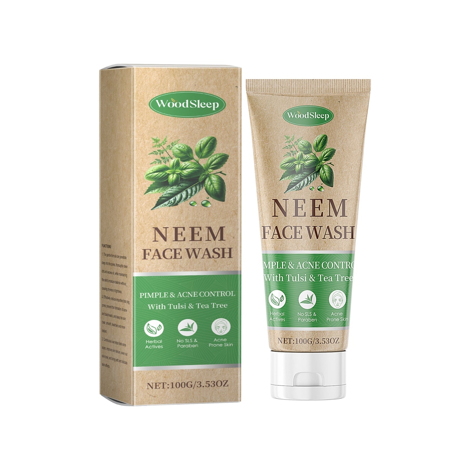 Viso con lavaggio al neem Valstrend Shop, detergente naturale per la pelle, bottiglia con etichetta verde e tubo di gel.