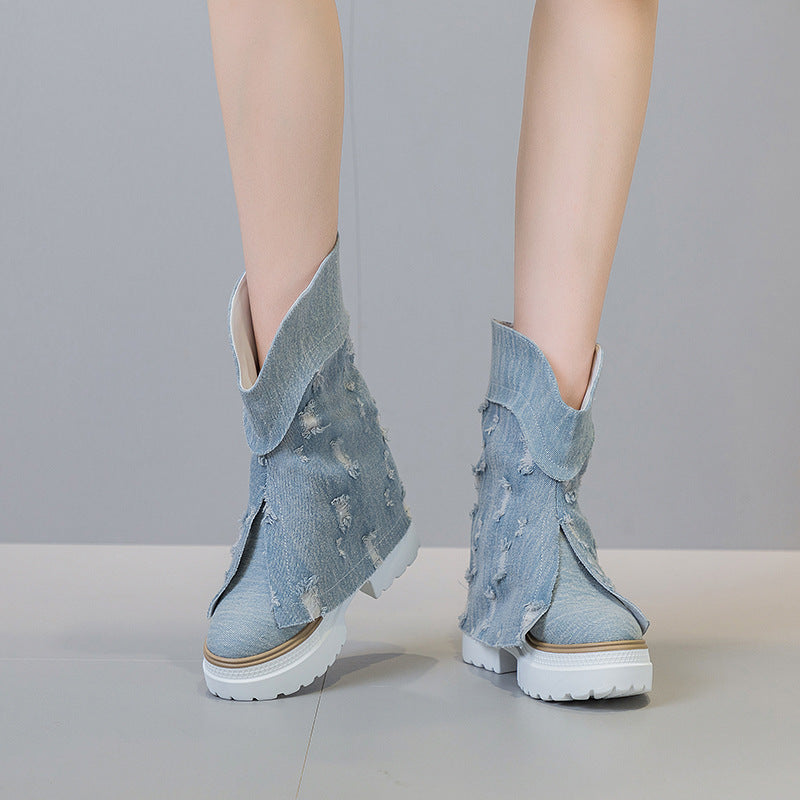 Stivali da donna in denim con fodera felpata per autunno e inverno, stile casual e comodo, marchio Valstrend.
