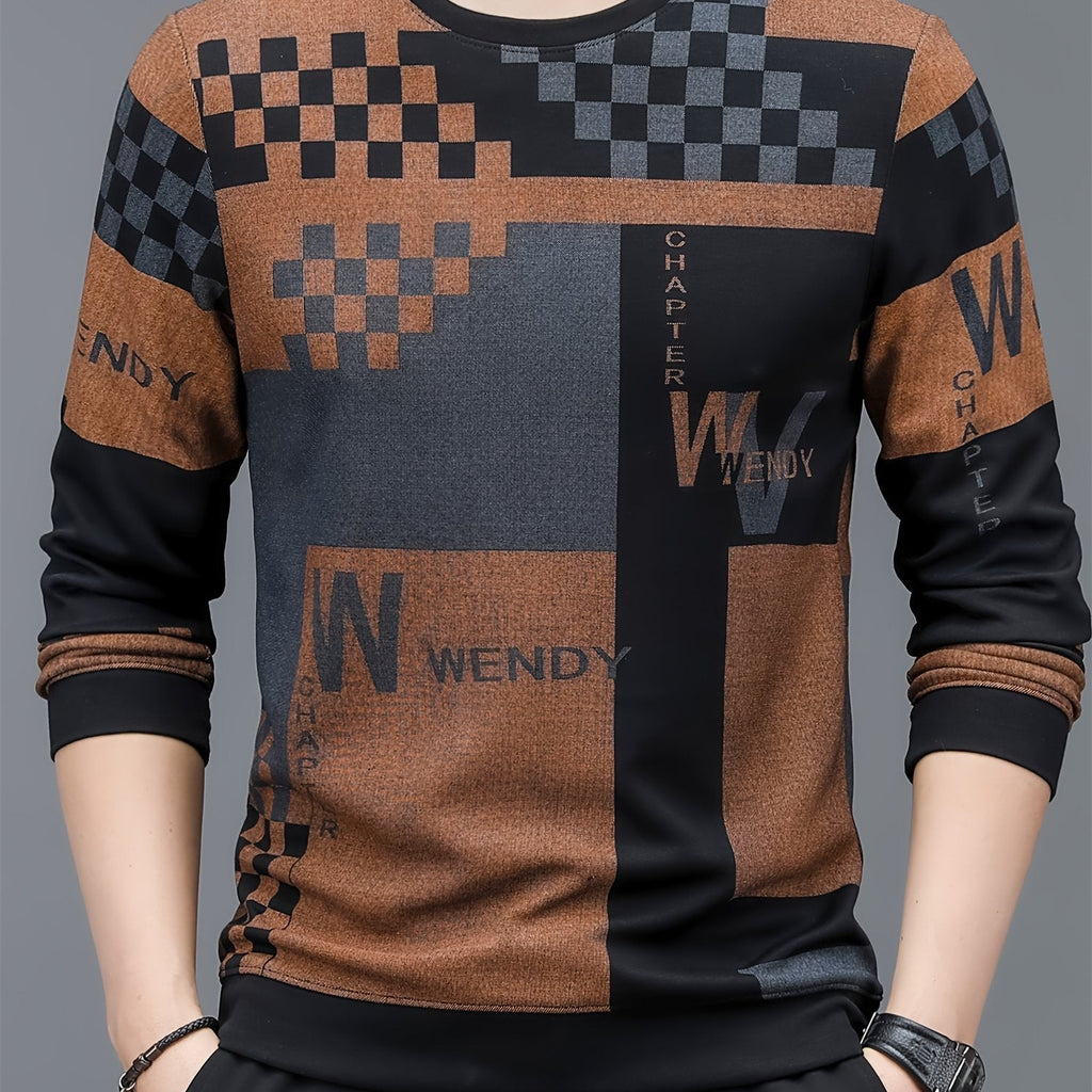 Maglione casual da uomo in misto rayon con motivo a quadri e lettere, manica lunga, lavabile in lavatrice, stile informale.