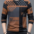 Maglione casual da uomo in misto rayon con motivo a quadri e lettere, manica lunga, lavabile in lavatrice, stile informale.