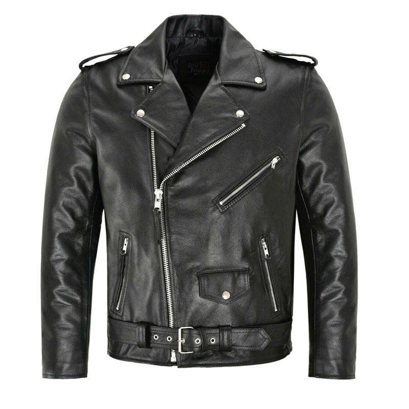 Giacca casual in pelle da uomo per moto, stile valstrend, con dettagli in pelle marrone e chiusure robuste, ideale per look motociclistici.