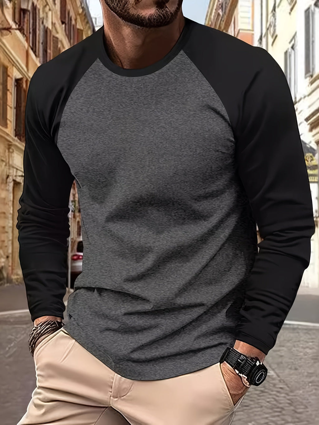 Maglietta sportiva a maniche lunghe da uomo Valstrend con collo rotondo e blocchi di colore, ideale per primavera e autunno.