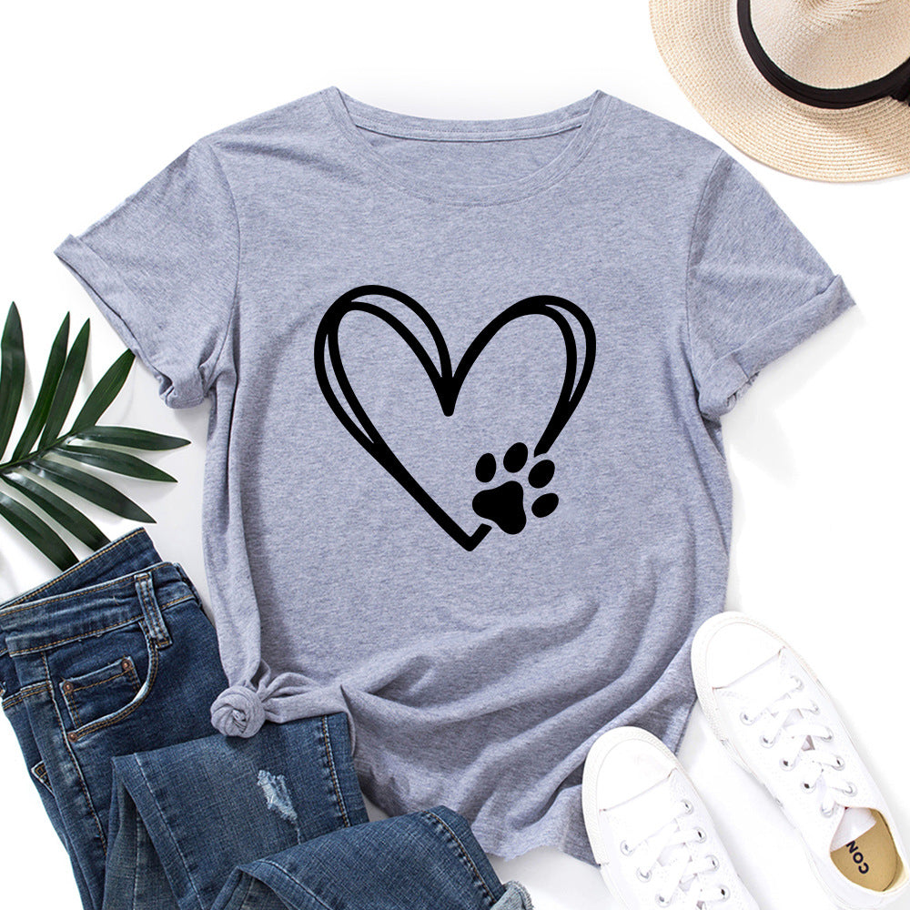 T-shirt donna Valstrend, manica corta, scollo rotondo, stampa palmata a forma di cuore, vestibilità ampia e casual.