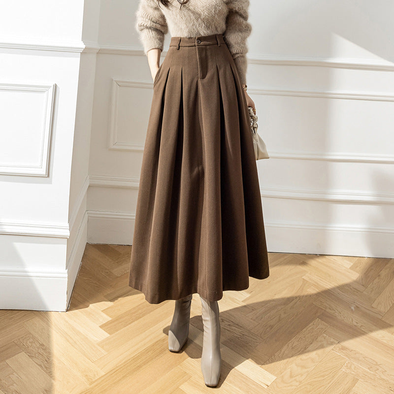 High Waist Korean Style Large Swing Pleated Slimming Woolen Long Skirt