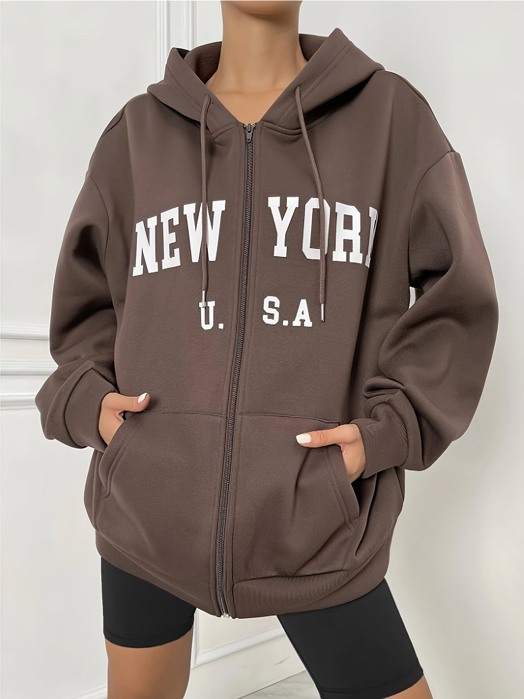 Felpa con cappuccio donna Valstrend, stampa lettere, zip, tasca frontale, lunga manica, abbigliamento casual.