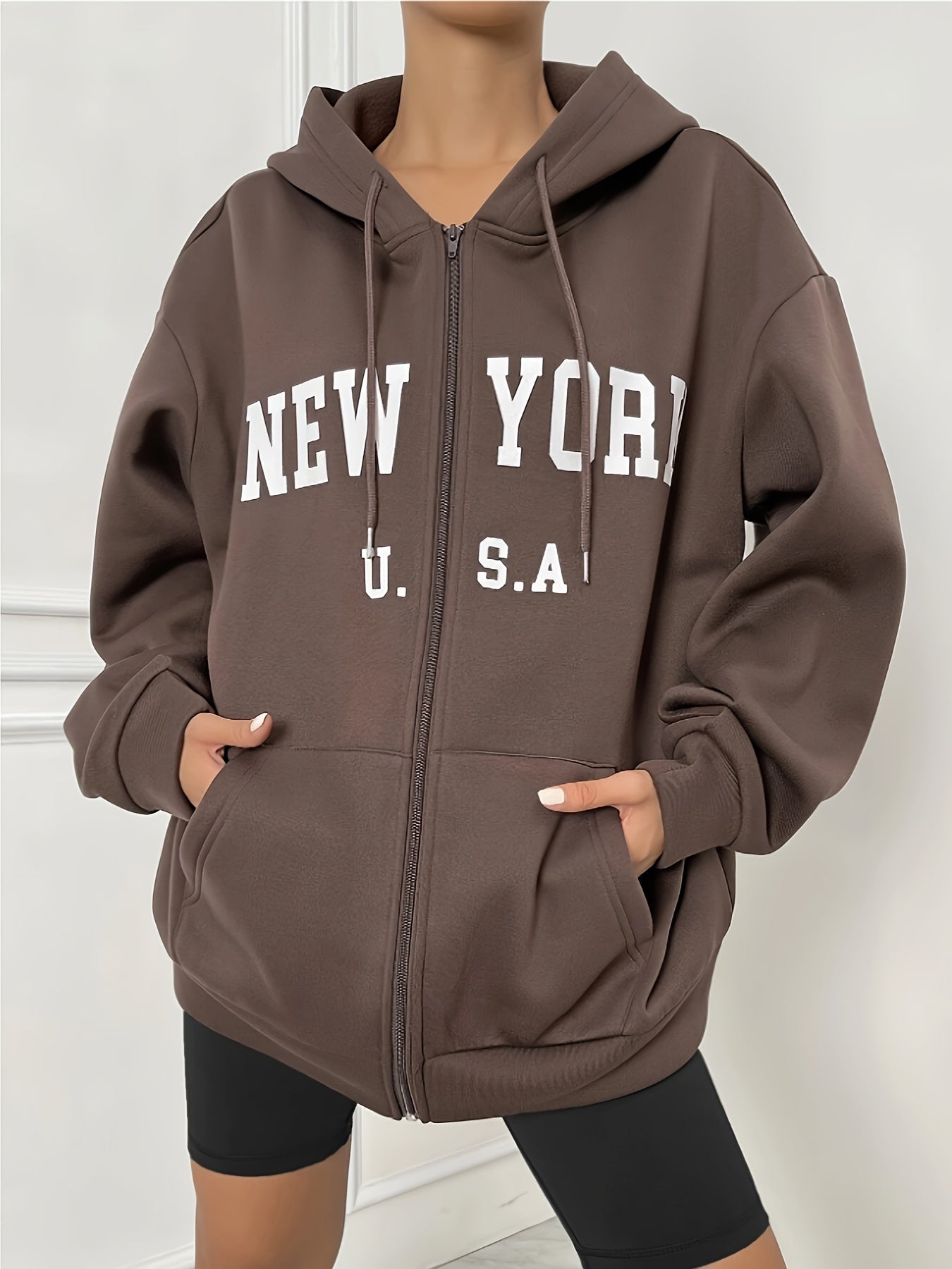 Felpa con cappuccio donna Valstrend, stampa lettere, zip, tasca frontale, lunga manica, abbigliamento casual.