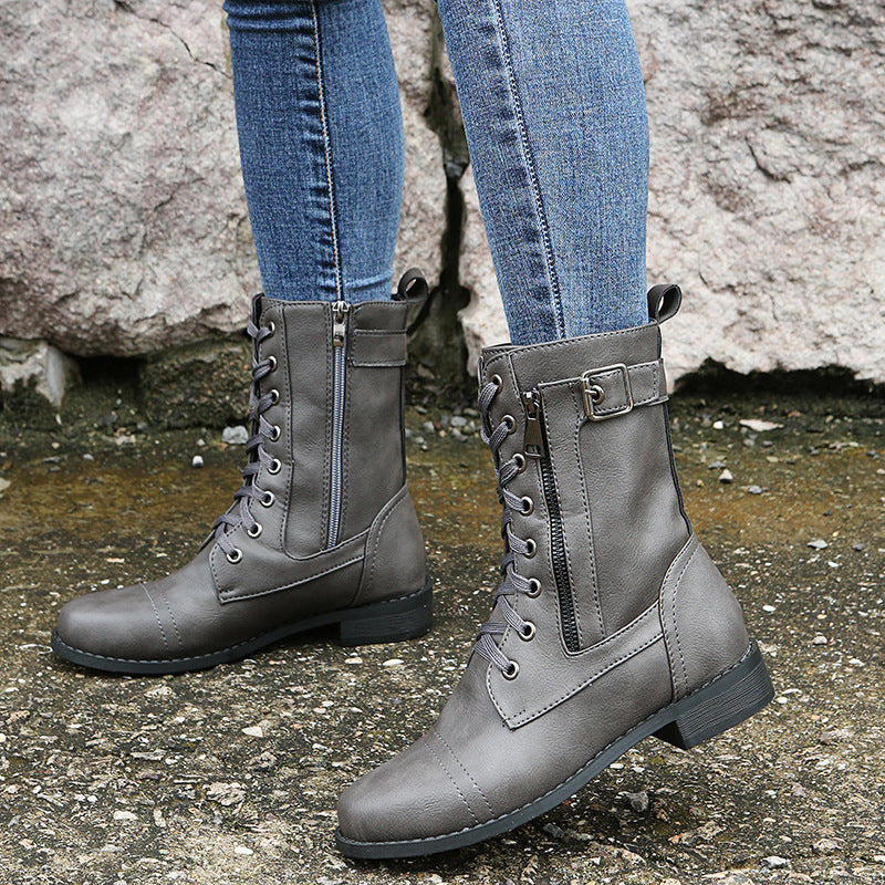 Stivaletti donna Valstrend con lacci, colore solido, tacco basso e medio, design elegante e comodo per ogni occasione