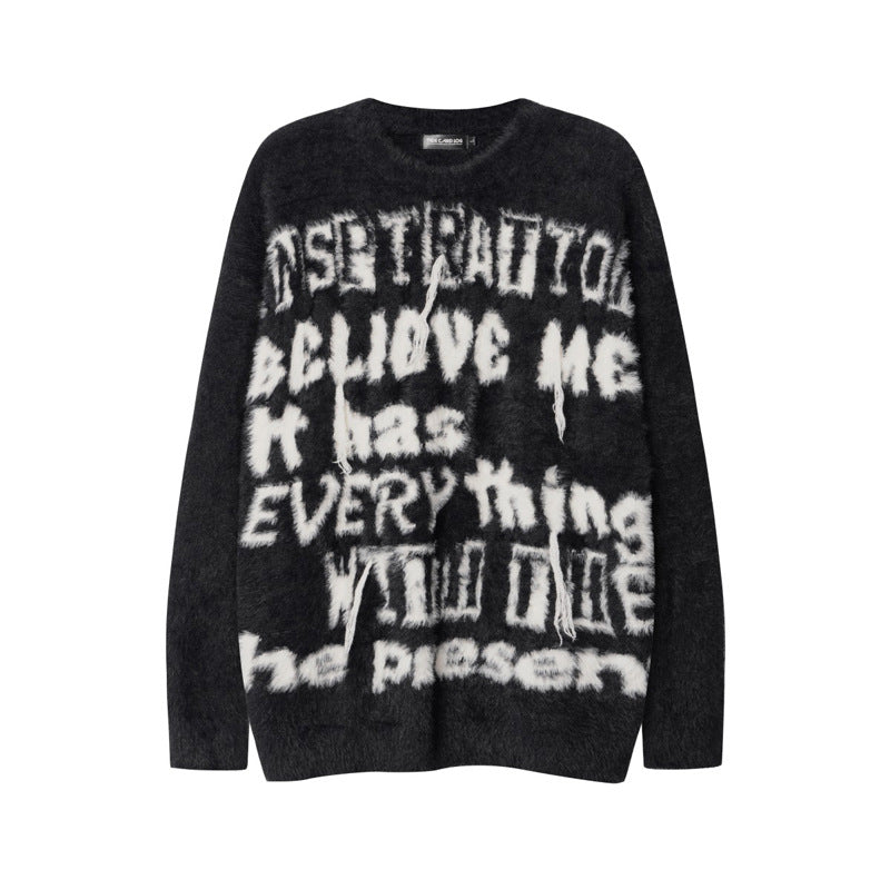 Maglione uomo Valstrend con lettere a contrasto e nappe, stile retrò fashion, tessuto morbido e comodo.