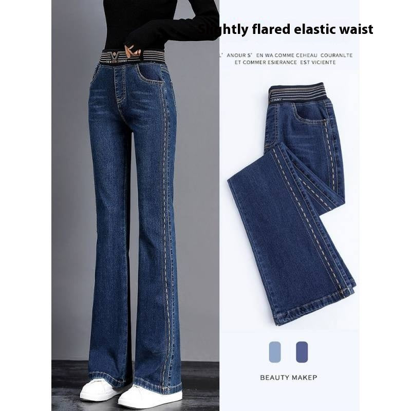 Pantaloni donna a vita alta Valstrend, stile retrò, aderenti e svasati, in tessuto elasticizzato, moda anni passati.