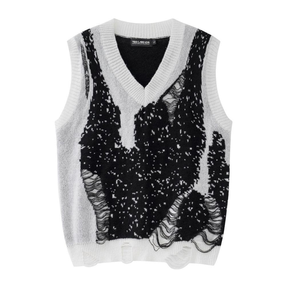 Men's Sweater Color Matching Crochet V-neck Hole Pullover Knitted Vest