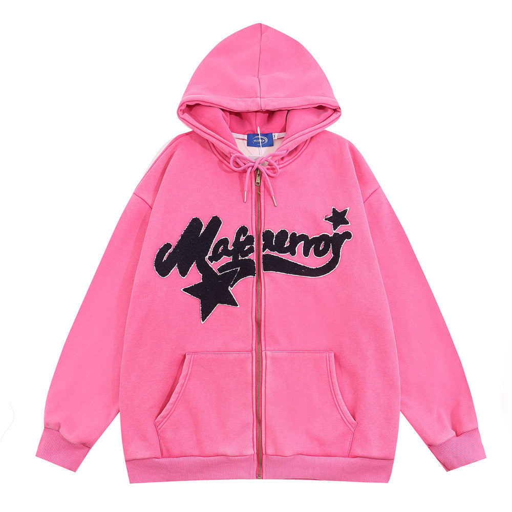 Letter Flocking Embroidery Hooded Cardigan Sweater
