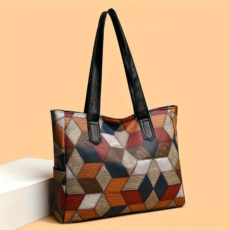 Borsa tote donna stile vintage Valstrend con motivo a griglia, tracolla regolabile e chiusura con zip, in tessuto resistente.