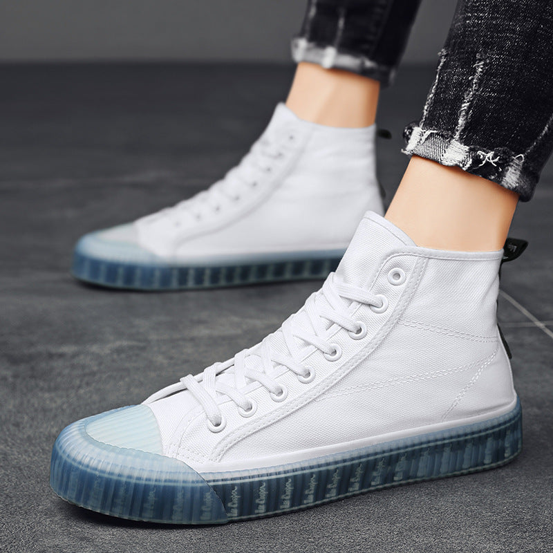 Scarpe alte in tela Valstrend, sneakers high-top in cotone con suola bianca, stile casual e moderno, vista frontale.
