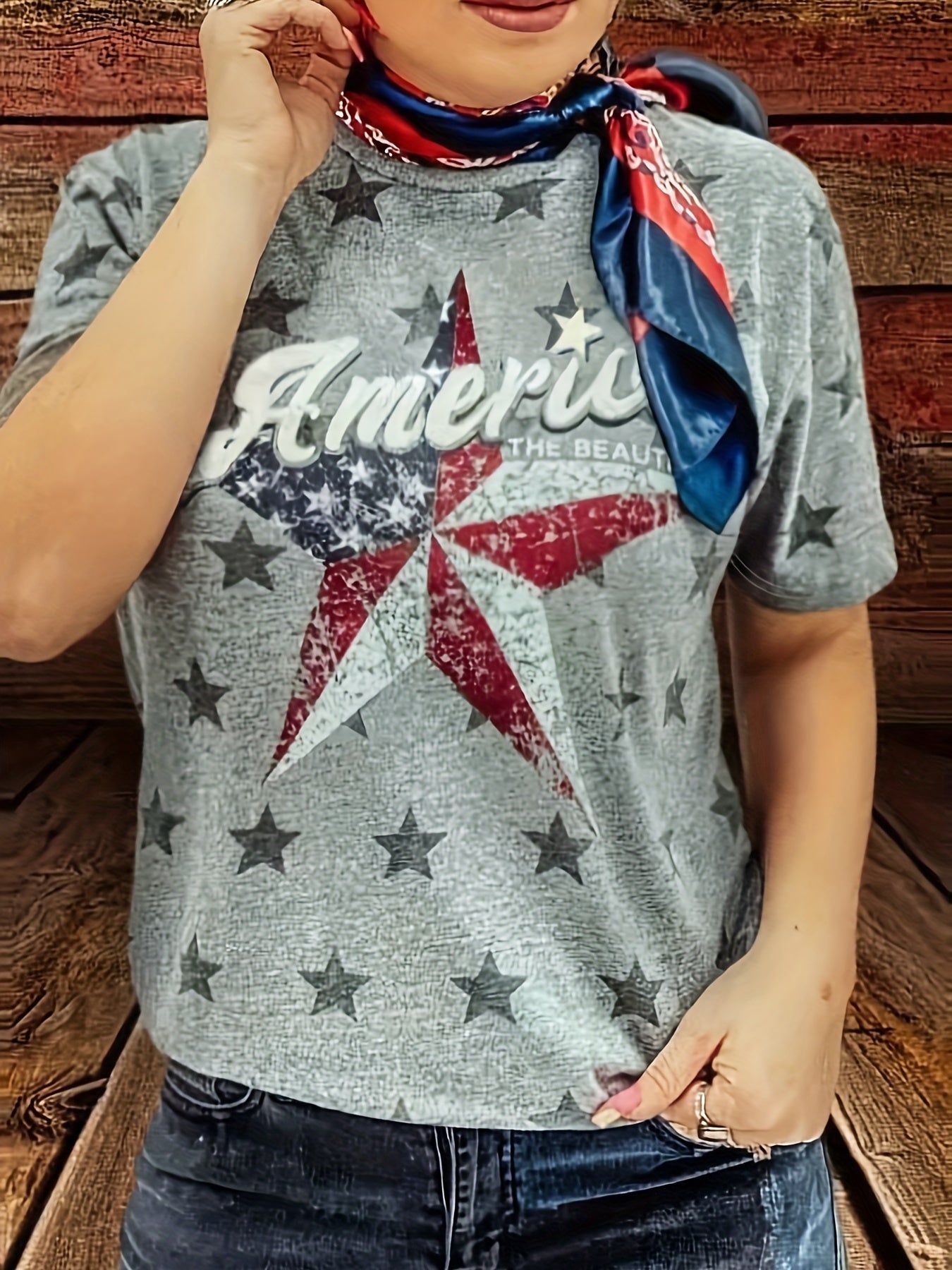 T-shirt casual con stampa stelle e lettere, manica corta e scollo rotondo, donna, ideale per primavera e estate, marca Valstrend.