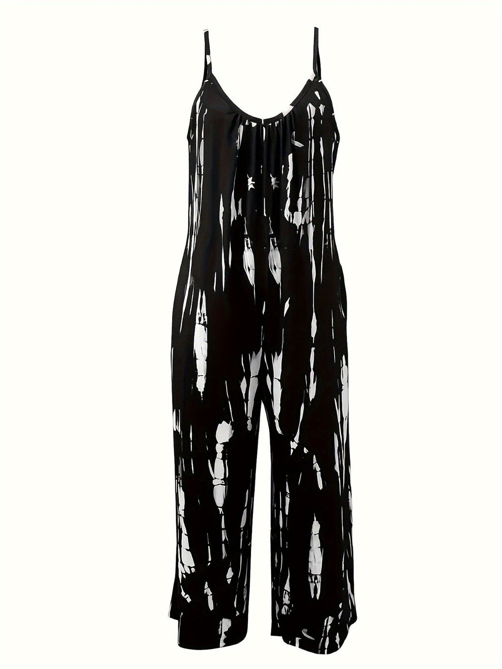 Tutina tie dye senza maniche con spalline sottili, tasche doppie e pantaloni a zampa larga, adatta a primavera ed estate.