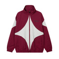 Cappotto casual stile americano con ricamo a croce e contrasto di colori, marca Valstrend Shop, vista frontale con dettagli di cuciture