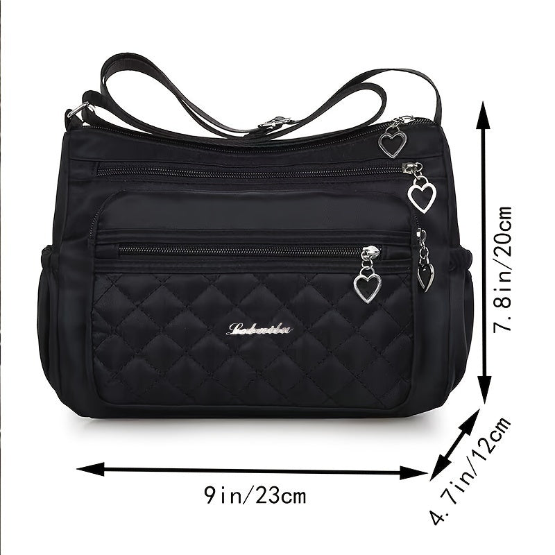 Borsa a tracolla nera in nylon di Valstrend, impermeabile, leggera, con tracolla regolabile, design trapuntato e chiusura a zip