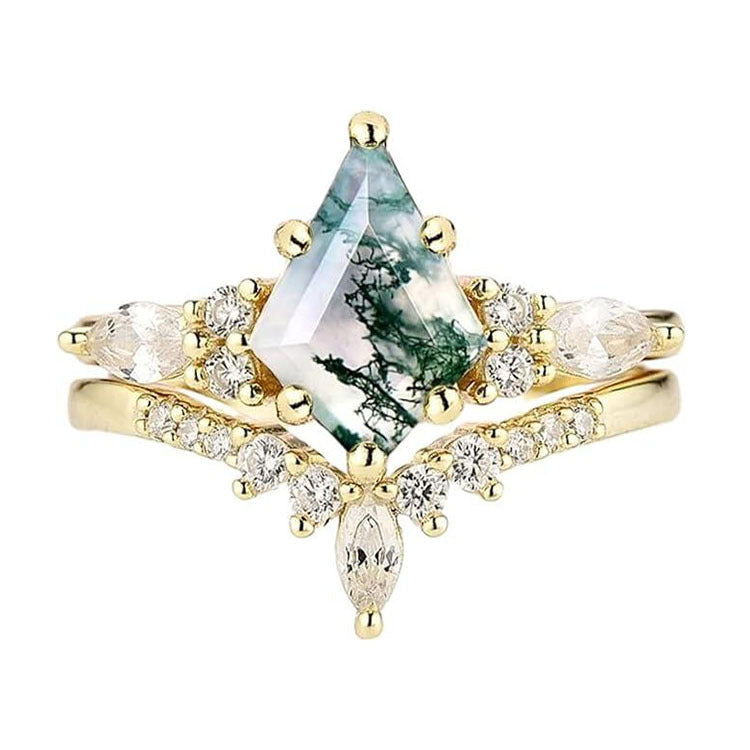 Anello da donna Valstrend con pietra agata verde naturale e piante acquatiche, design elegante due pezzi per matrimonio.