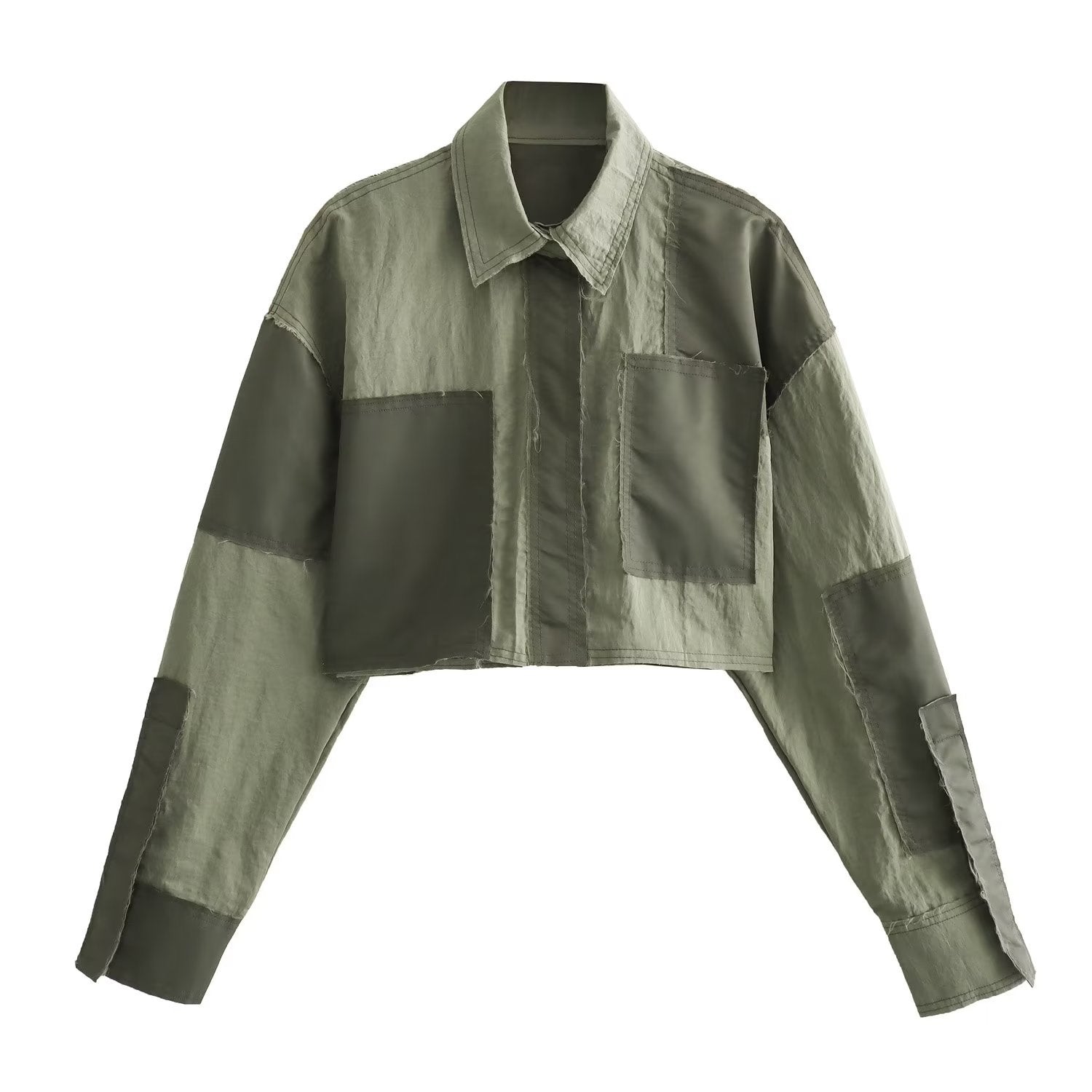 Camicia corta in nylon stile europeo e americano con patchwork, marca Valstrend, dettaglio visibile in tessuto e design.