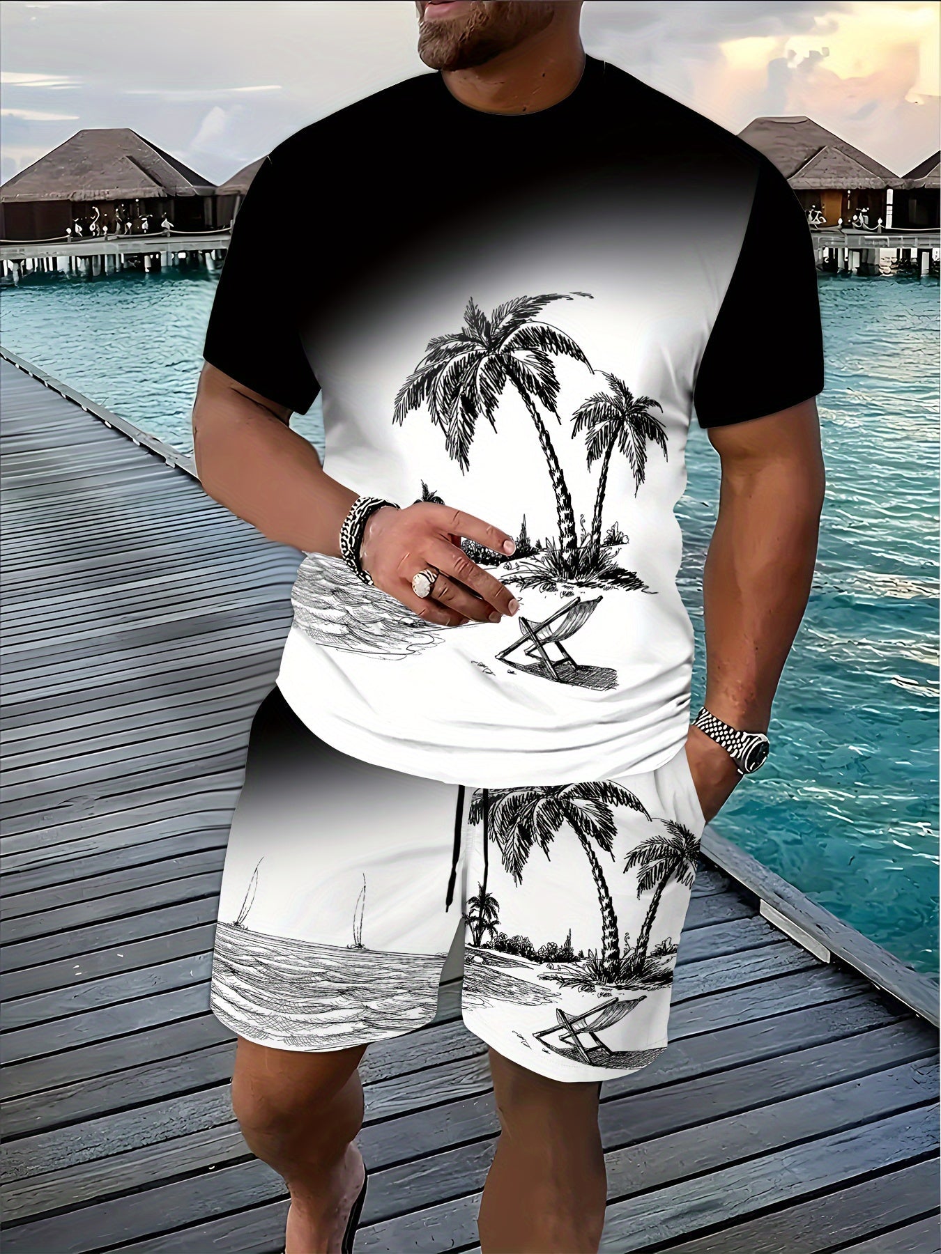 Completo uomo estivo con T-shirt a maniche corte e pantaloncini con stampa a gradi e motivo di palme di Valstrend shop.