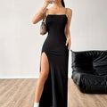 Split Thigh Spaghetti Strap Dress, Stylish Solid Color Backless Slim Cami Dress For Spring & Summer, Women's Clothing