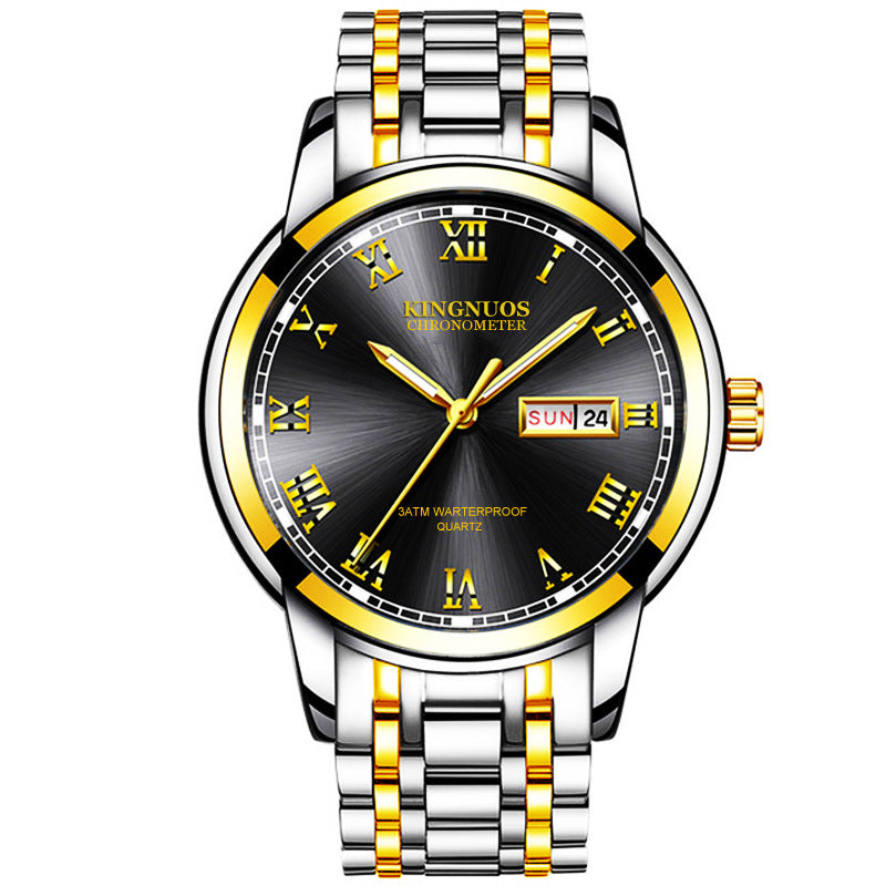 Orologio da polso Valstrend con cinturino in acciaio, calendario doppio e design business, senza movimento meccanico