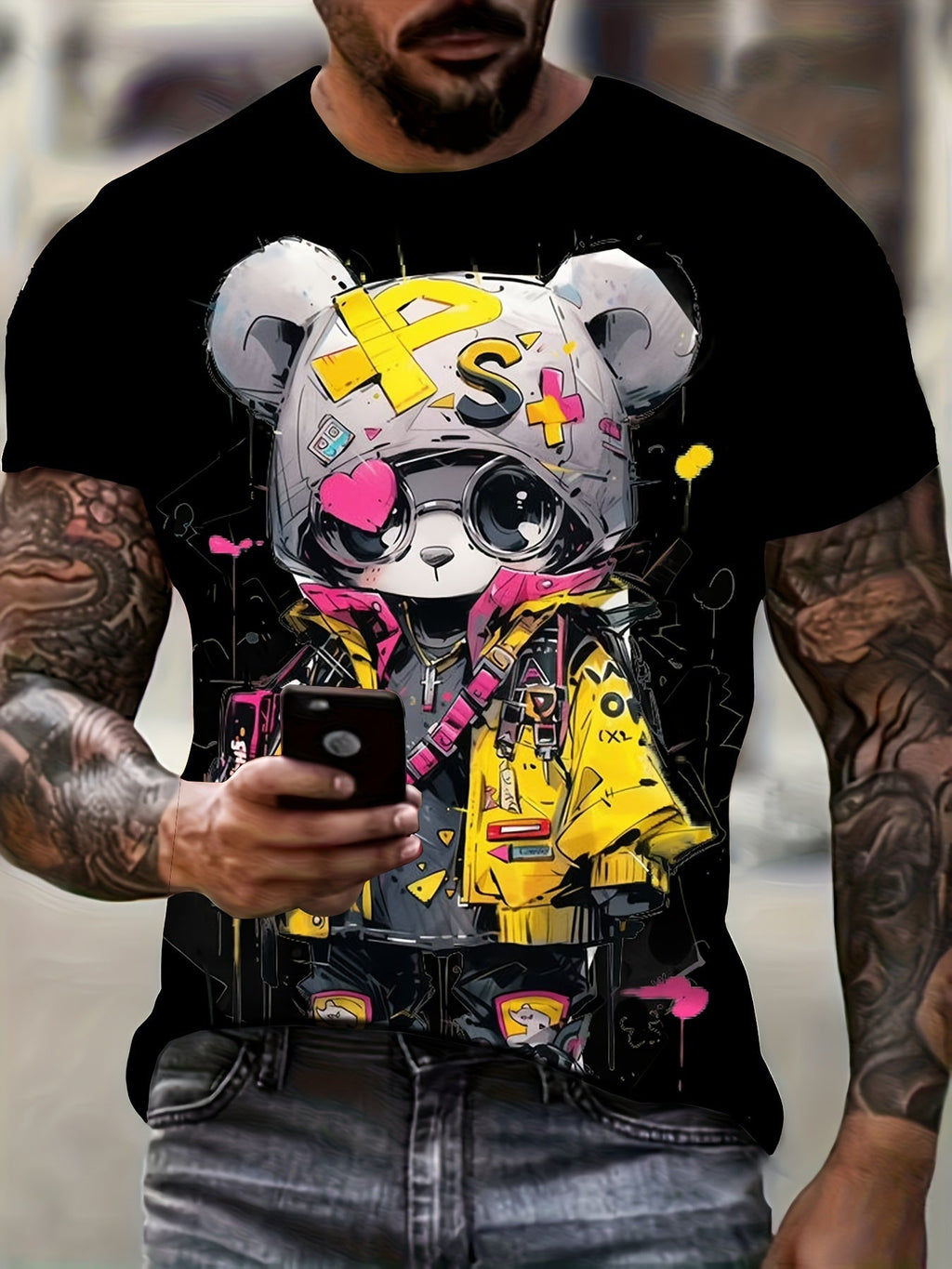 T-shirt estivo Valstrend con stampa di orso cartoon, girocollo, maniche corte, tessuto poliestere elasticizzato, stile casual e sportivo.