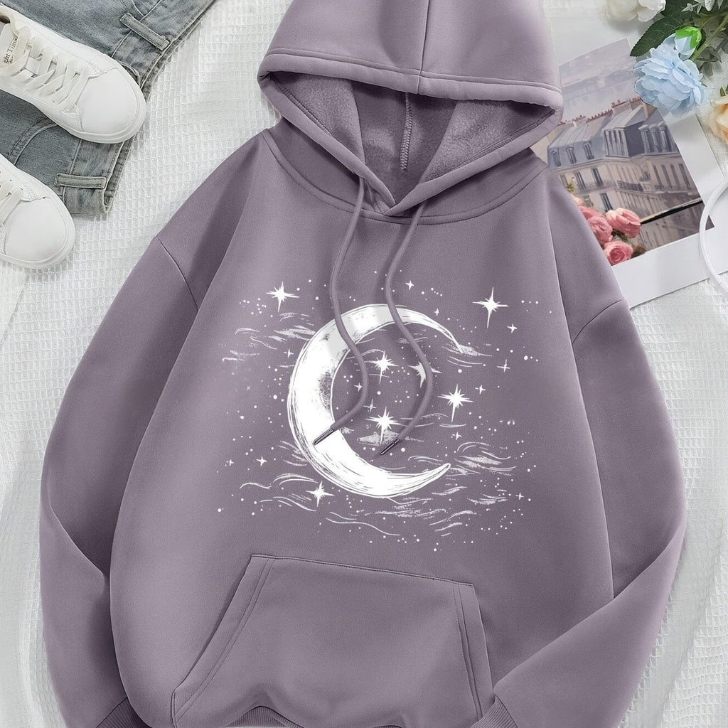 Graphic Print Kangaroo Pocket Hooded Sweatshirt, Casual Drop Shoulder Long Sleeve Drawstring Hoodies Sweatshirt, Women's Clothing