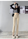 Autumn And Winter Stretch Fleece Ankle-tied Straight Jeans Women's Cropped Pants Small