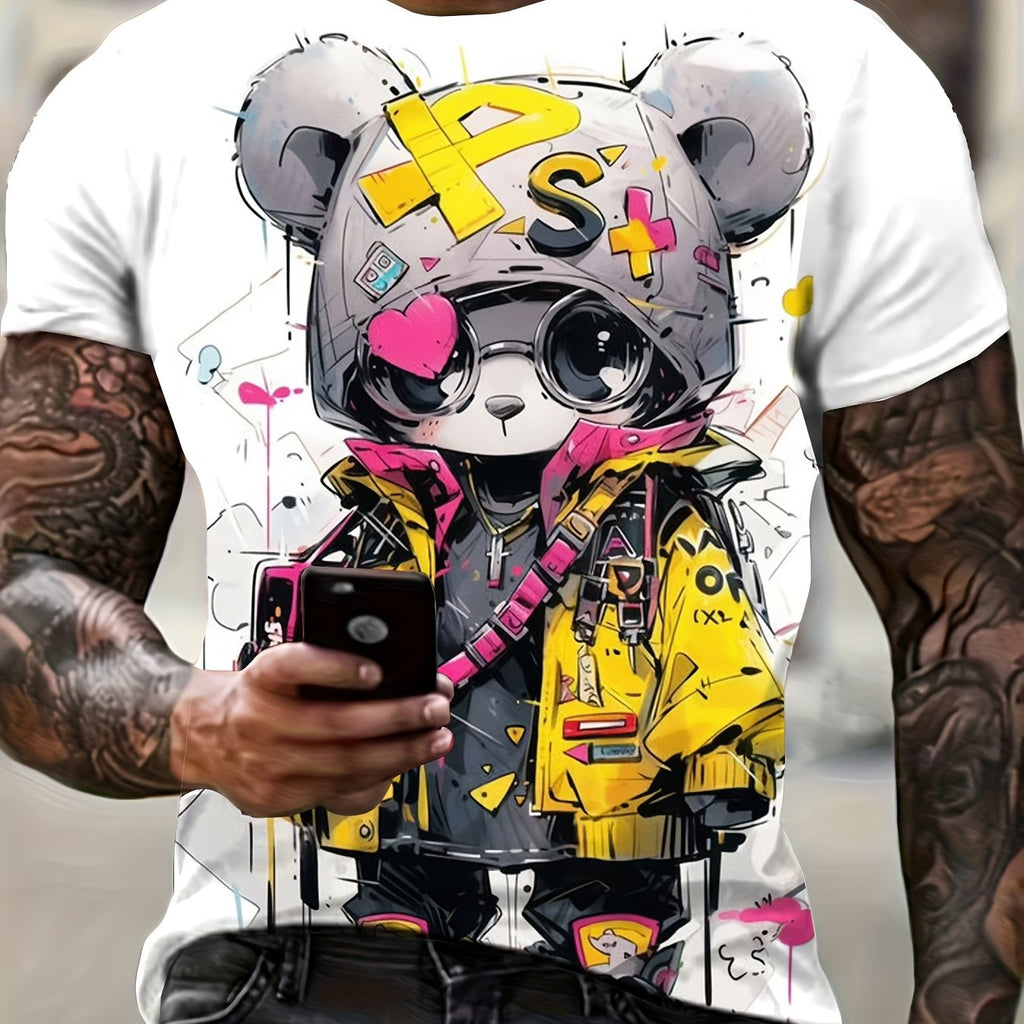 Maglietta estiva Valstrend da uomo con stampa di orso cartoon, manica corta, tessuto in poliestere elasticizzato, stile casual e sportivo