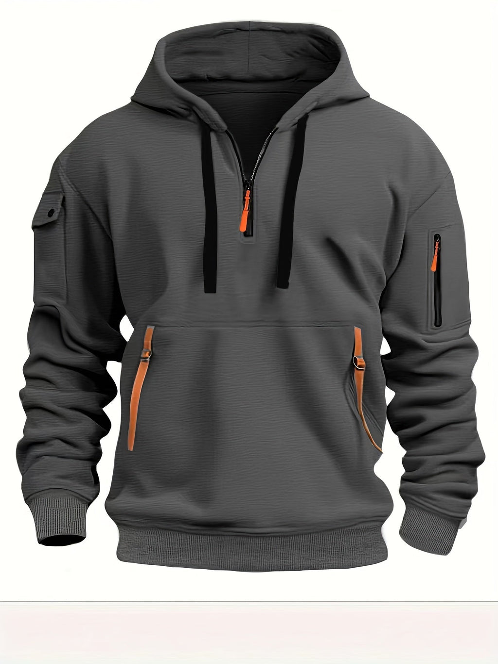 Maglione uomo Valstrend con cappuccio, maniche lunghe, zip metà, tasca kangaroo e dettagli con cerniere per sport e outdoor.