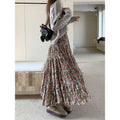 Autumn And Winter Floral High Waist Blue Pleated Skirt