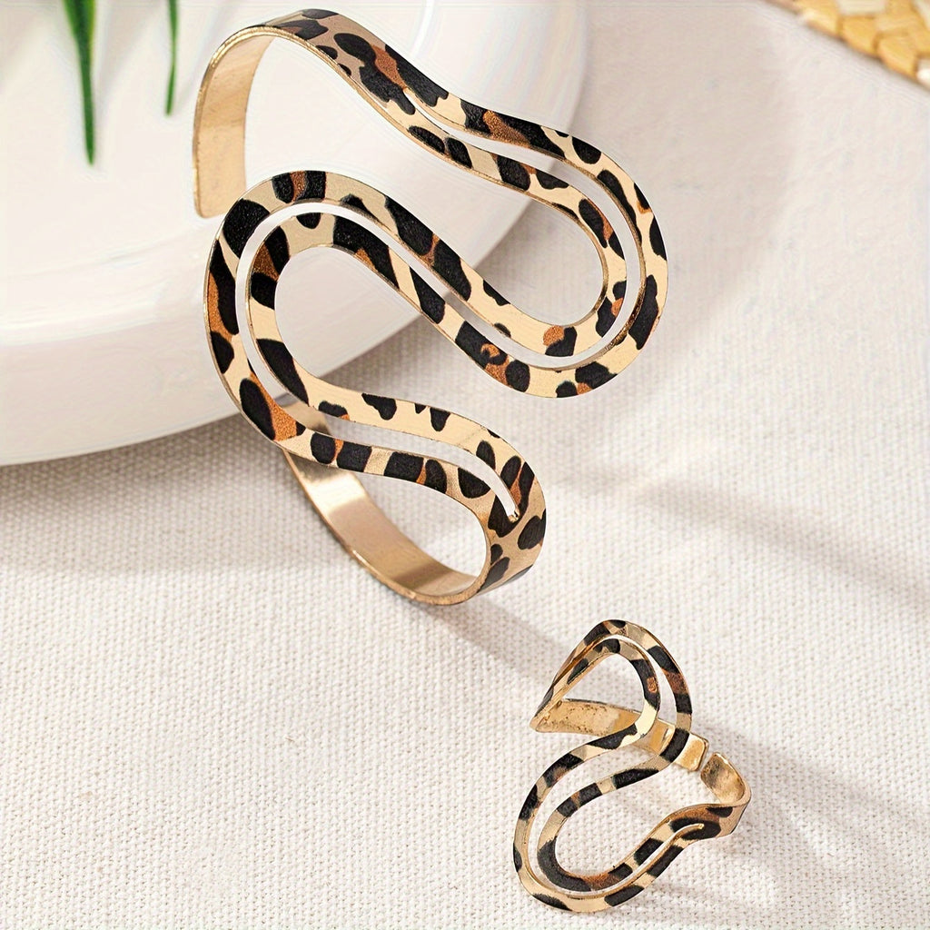 Boho-Chic Leopard Print Open Cuff & Ring Set - Alloy, Perfect for Casual Attire or Vacation