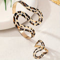 Boho-Chic Leopard Print Open Cuff & Ring Set - Alloy, Perfect for Casual Attire or Vacation