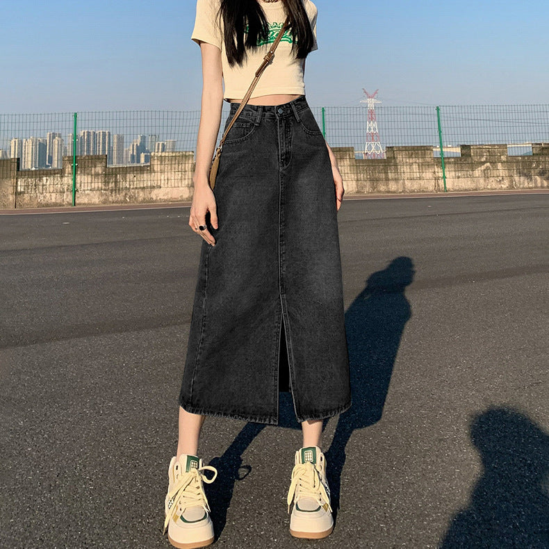 Gonna donna a vita alta estiva in denim retrò dritto e largo, stile vintage, con cuciture visibili e lunghezza sopra il ginocchio