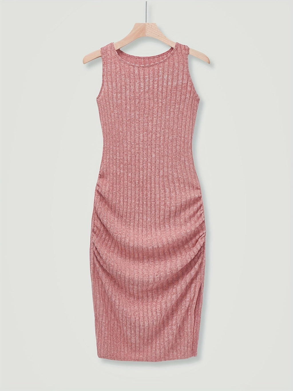 Crew Neck Ribbed Ruched Tank Dress, Casual Sleeveless Slim Tank Dress For Spring & Summer, Women's Clothing