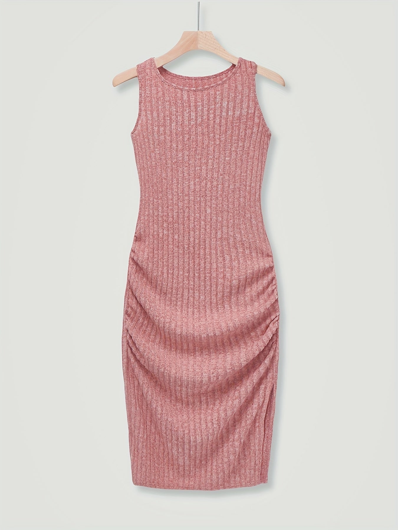 Crew Neck Ribbed Ruched Tank Dress, Casual Sleeveless Slim Tank Dress For Spring & Summer, Women's Clothing