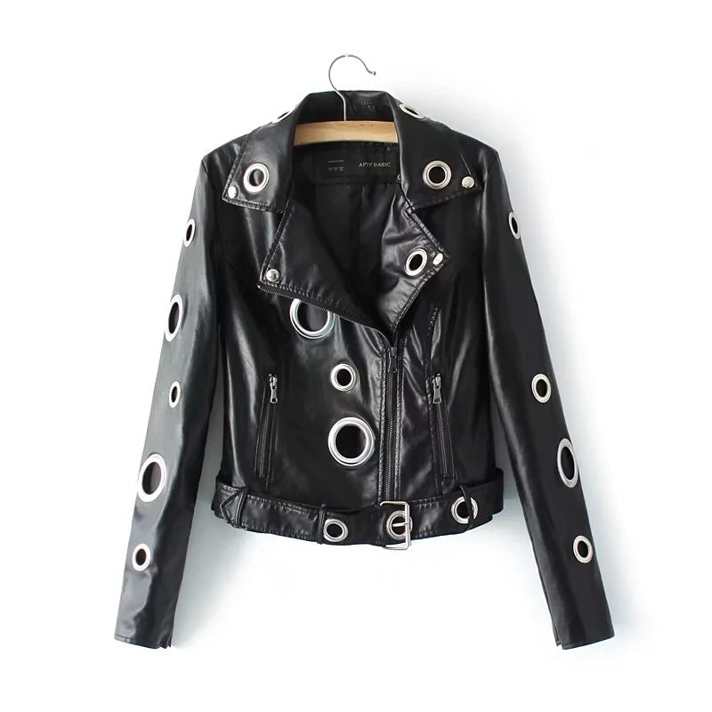 Giacca da moto in pelle a cerchio vuoto per biker, stile Valstrend con dettagli robusti e design elegante.