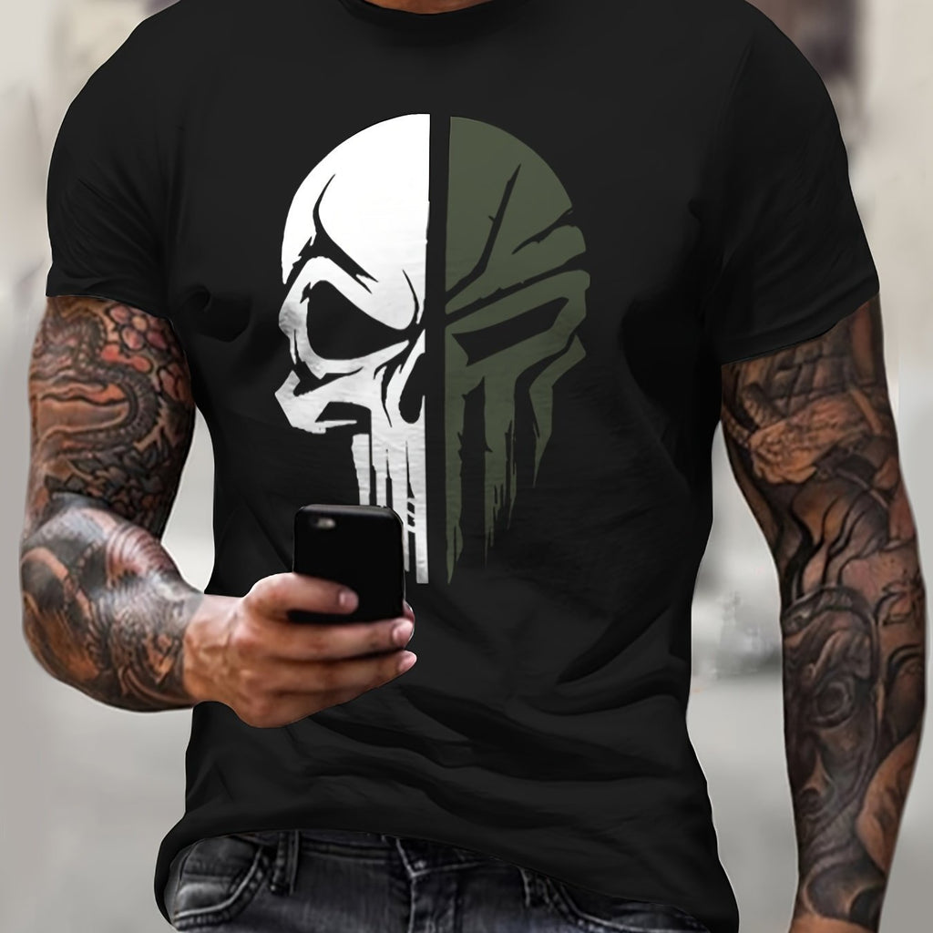 Maglietta casual da uomo Valstrend con motivo skull, manica corta, scollo rotondo, tessuto traspirante, ideale per uscite in città.