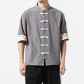 Camicia casual da uomo in lino stile cinese con bottoni, maniche corte, marca Valstrend, dettagli eleganti e tessuto leggero.