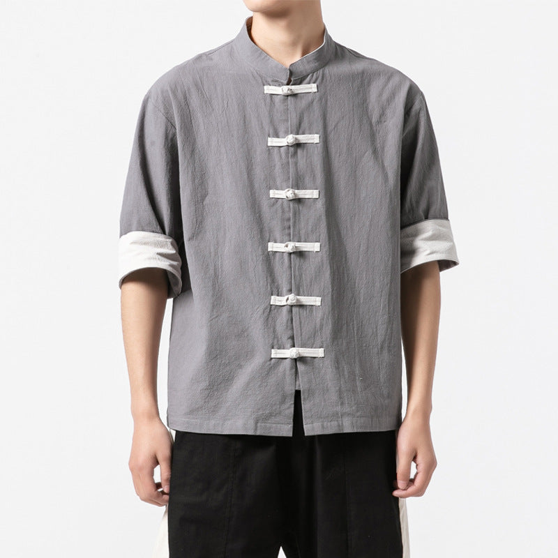 Camicia casual da uomo in lino stile cinese con bottoni, maniche corte, marca Valstrend, dettagli eleganti e tessuto leggero.