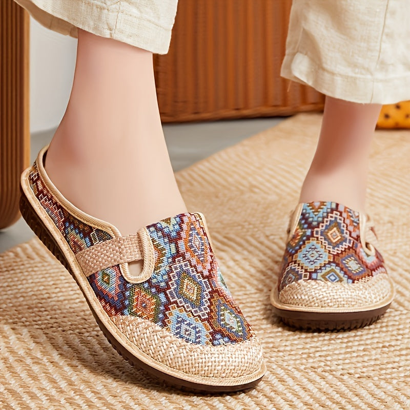 Geometric Print Shoes for Women, Half-Slip Everyday Comfortable Mules, Colorful Embroidered Shoes for Women, Fashionable Closed Toe, Non-Slip Soft Sole