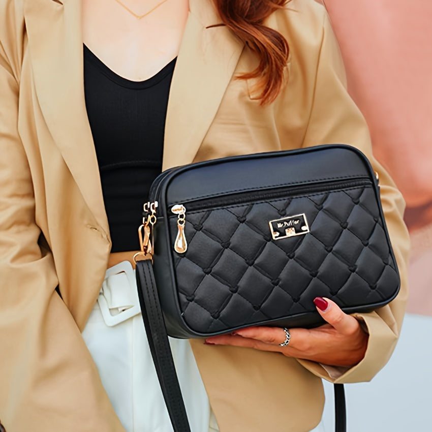 Borsa a tracolla femminile Valstrend in pelle PU con motivo argyle trapuntato, piccola e elegante con manico squadrato.