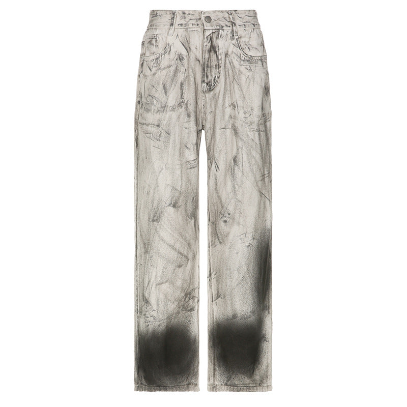 Personalized Distressed Washed High Waist Loose Drooping Trousers