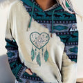 Western Ethnic Style Vintage Print Drawstring Hoodie, Casual Long Sleeve Hooded Sweatshirt With Kangaroo Pocket For Fall & Spring, Women's Clothing