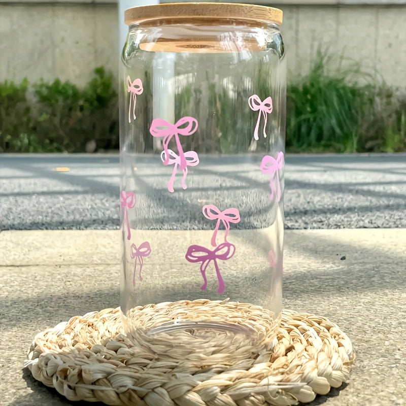 Tazza in vetro rosa con fiocco, coperchio in bambù e cannuccia, ideale per caffè e bevande fredde, marca Valstrend shop.