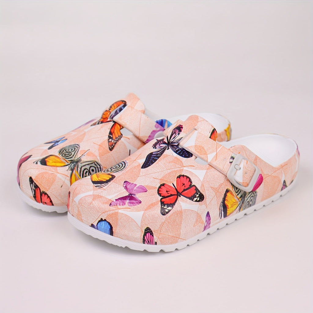 Women's Butterfly Printed Garden Clogs, Trendy Soft Sole Pillow Shoes, Light And Smooth Clogs For Holidays