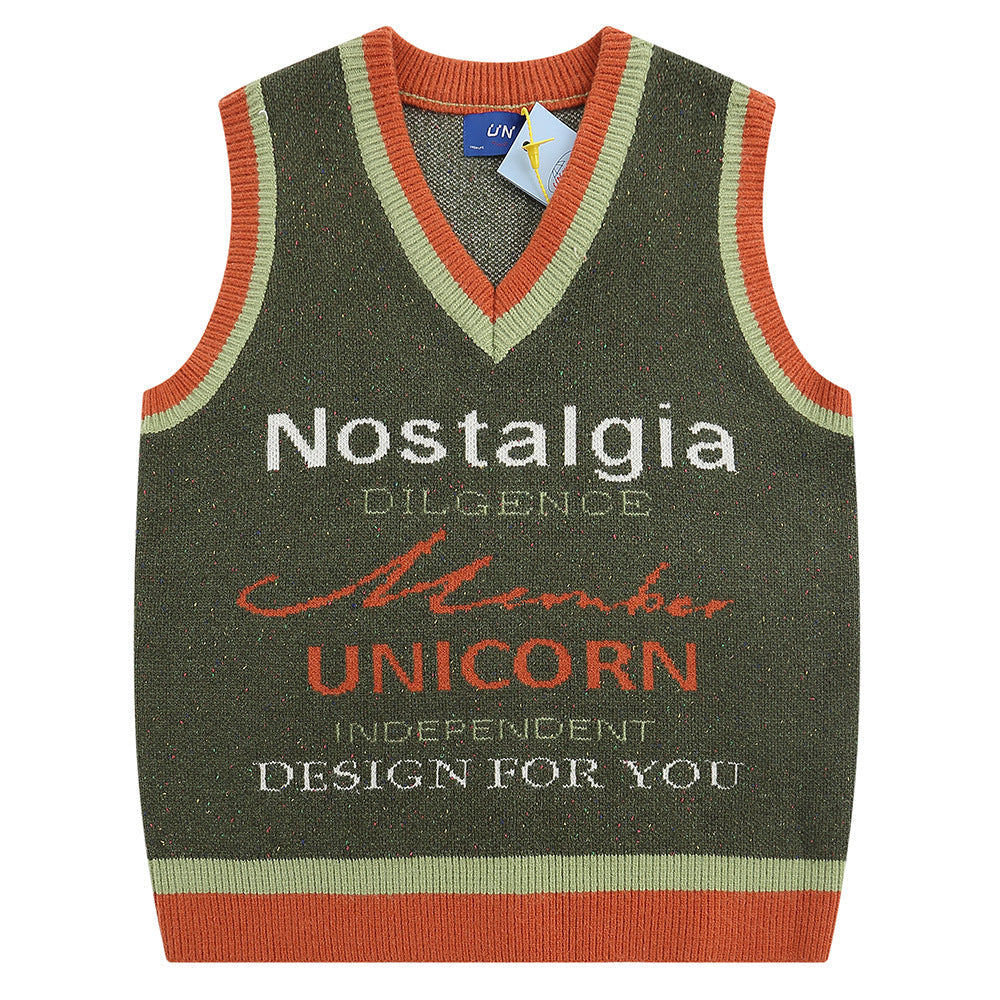 Outerwear Sleeveless Vest Street V-neck Letter Color Matching Knitted Vest